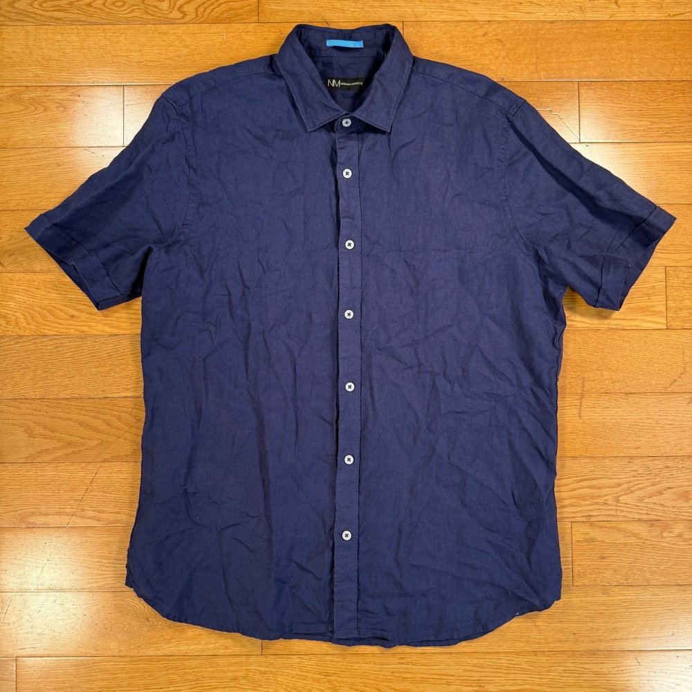 Neiman Marcus Navy Blue Short Sleeve Button Down Shirt Mens Large Linen Blend